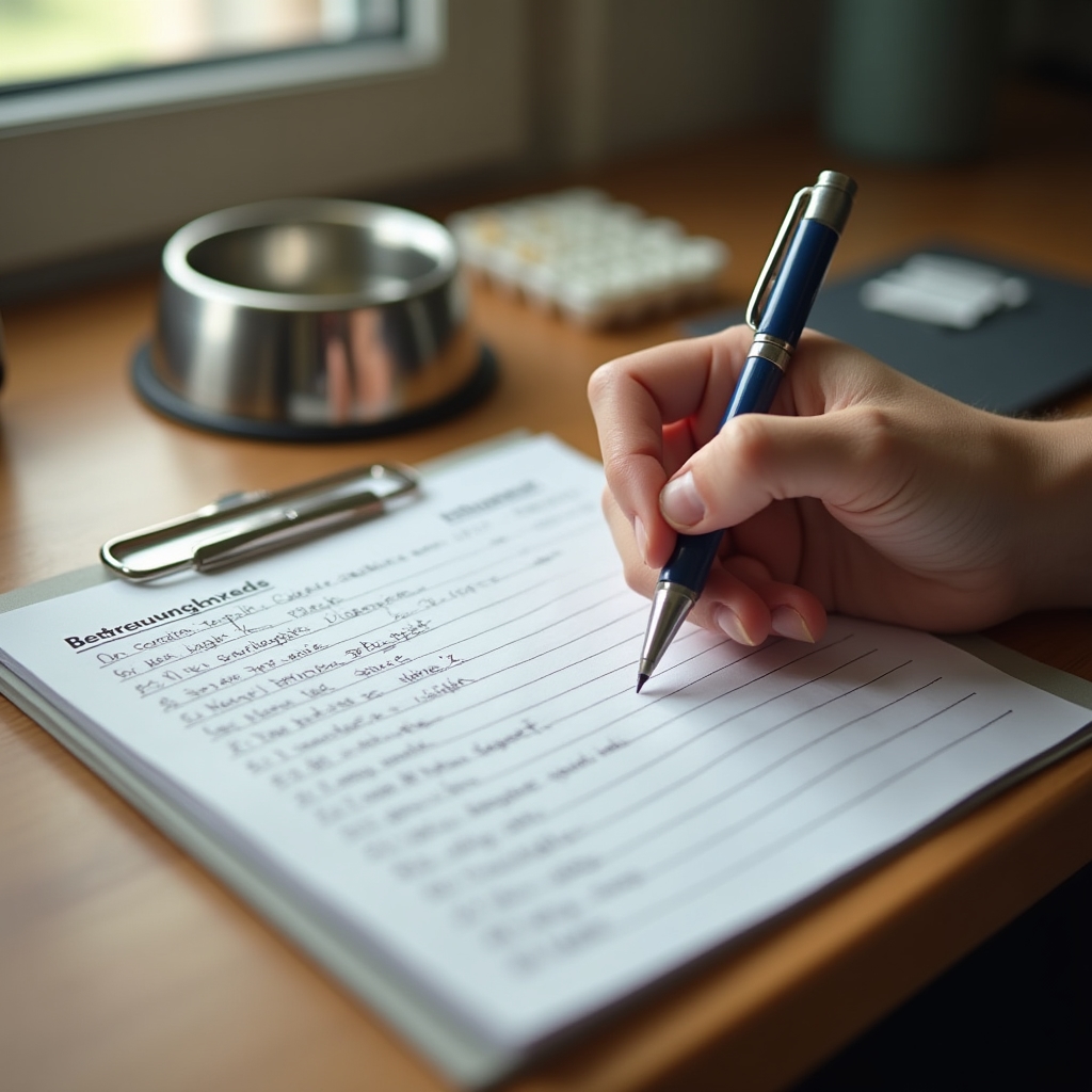 Handschriftlich ausgefüllte Betreuungskarte mit Fütterungs- und Medikamentenplan