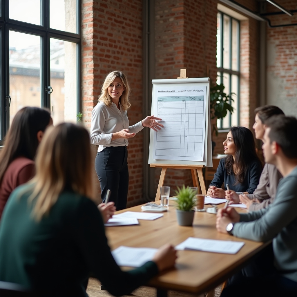 Kursleiterin erklärt einer Gruppe die Betreuungskarte im Workshop