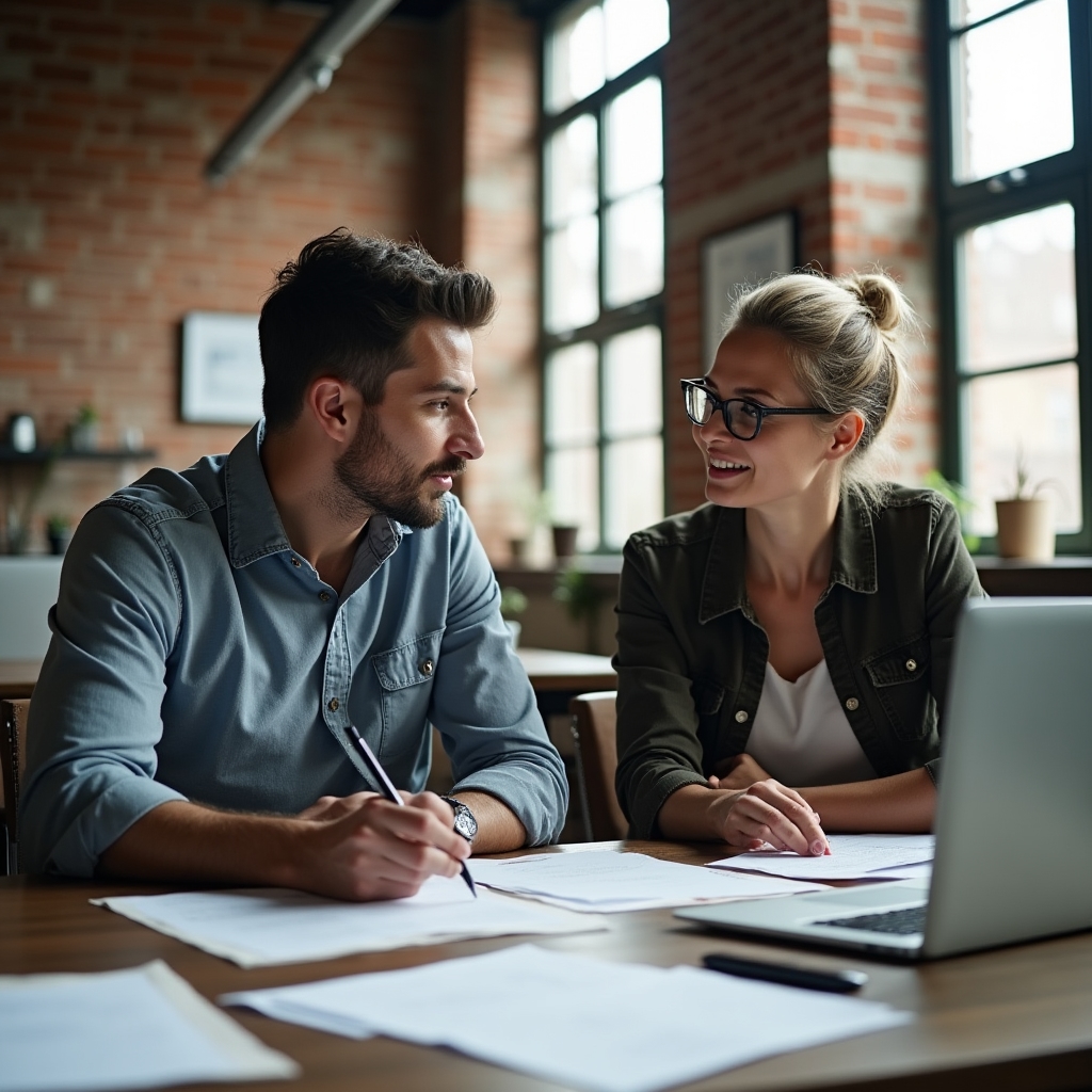 Team arbeitet an Kursunterlagen in einem hellen Büro mit Backsteinwand