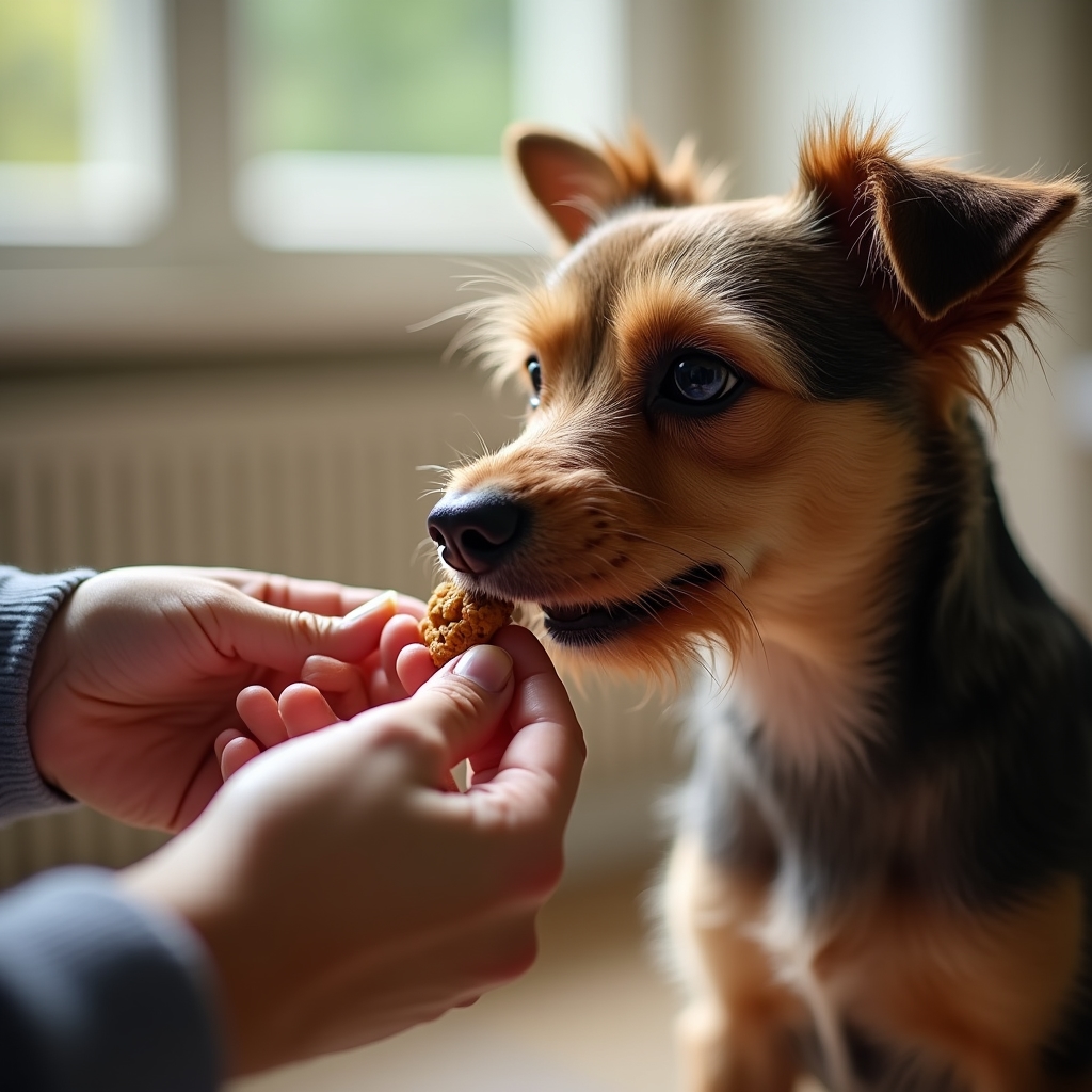 Betreuer verabreicht einem kleinen Hund vorsichtig Medikamente